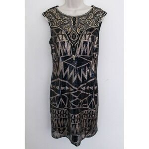 Sue Wong Nocturne Dress Size 10 Black Gold Sequin Sheath Beaded Cocktail